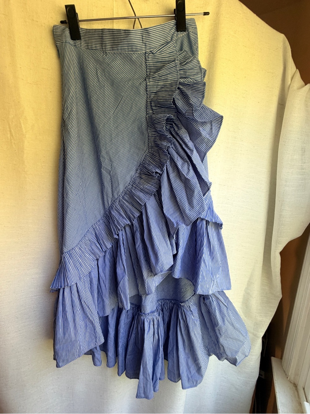 NWT Pookie & Sebastian Blue Striped Asymmetrical Ruffle Skirt S